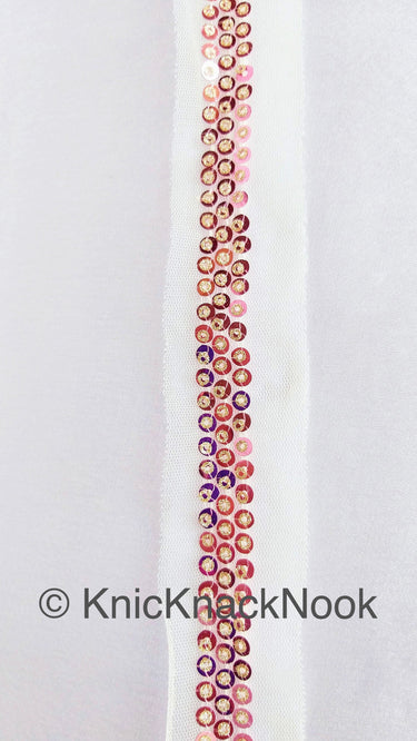 White Net Lace With Pink and Gold Sequins Lace Trim, Approx. 34mm Wide, Sequin Lace